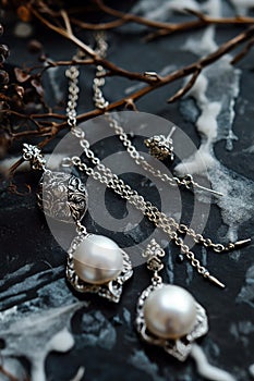 High-end vintage jewelry with pearls on dark background