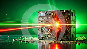 High-Energy Laser Striking a Futuristic Quantum Processor