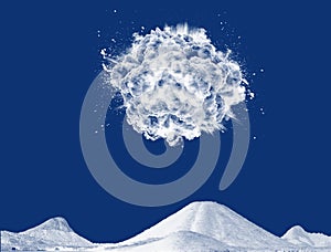 High-energy particles explosion over mountains landscape. Outbreak 3D illustration.  Planet explosion in blue sky over the Earth.