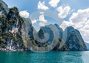 High epic limestone cliffs at Cheow Lan lake, Khao Sok National Park, Suratthani, Thailand.