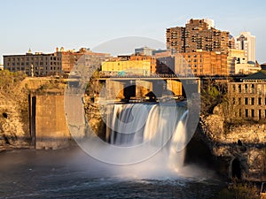 High Falls in Rochester, Upstate New York State, with silky, smooth water in the golden sunset