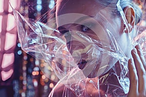 High Fashion model girl in colorful bright neon lights posing in studio through transparent film. Portrait of beautiful