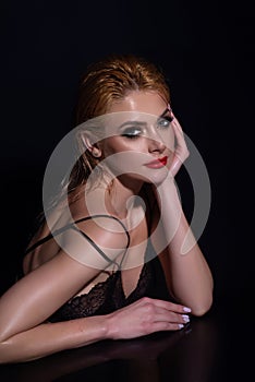 High fashion of perfect beautiful young woman on isolated studio background. Portrait of female model in studio. Beauty