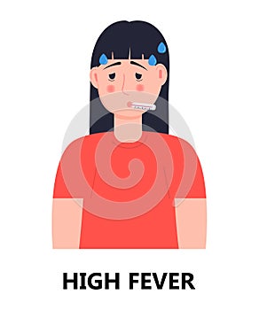 High fever of girl icon vector. Flu, cold, coronavirus symptom is shown. Woman is feverish and taking thermometer photo