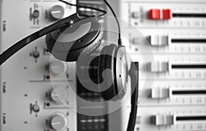 High fidelity sound guard headphones over sound mixer