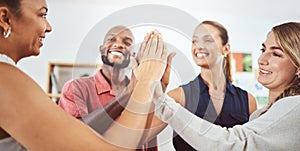 High five, business teamwork and global success with black man, women and creative collaboration. Smile, happy and