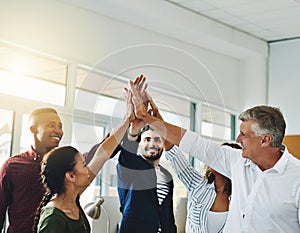 High five, celebrating and winning business team or cheerful successful company with diverse people. Positive, unity and