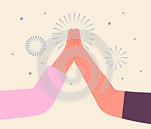 High five concept. Hand clapping, two hand of friends clap and fireworks. Friendship and support, business collaboration