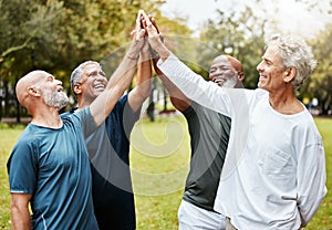 High five, fitness and senior men friends in park for teamwork, exercise target and workout mission together with