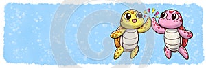 High five turtles - banner size with underwater watercolor background