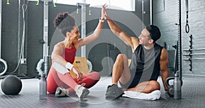 High five woman, personal trainer man for fitness goal in gym or training facility together. Success, black woman