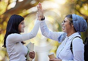 High five, young women outdoor and friends with support, solidarity and happiness on college campus. Team agreement