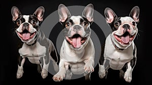 High-Flying Fun Agile Boston Terriers Jumping to Catch Tasty Treats. Generative AI