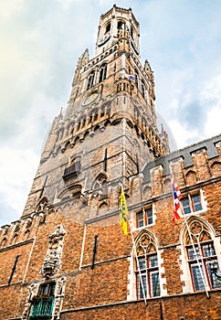 High-format shot of the famous Belfry at the Great Market in Bruges