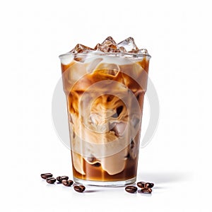 High glass with iced coffee with milk and espresso on an isolated background. Generative AI