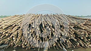 High heap of bamboo poles tied together and pulled behind a small boat down the river ( close up ) 