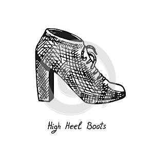 High Heel Boots, isolated hand drawn outline doodle, sketch, black and white illustration with inscription