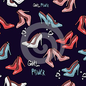 High heel shoe seamless pattern. Simple illustration of high heel shoe on dark blue background vector. Fashion design