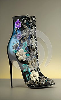 high heel woman shoes with floral decorations, generative ai illustration, these depiction is fictitious and generated photo