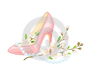 High Heeled Pink Shoe with Blooming Flowers and Bead Necklace as International Women s Day Holiday Symbol Vector