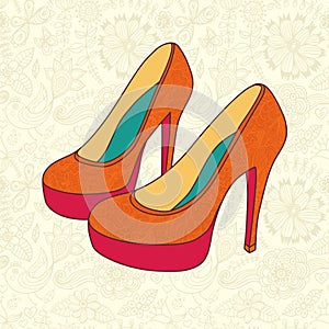 A high-heeled vintage shoes with flowers fabric. High heels background with place for you text on paper background.