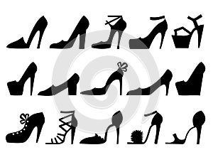 High heels shoes. Set women shoes black silhouette flat style isolated photo