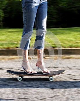 High heels on skateboard