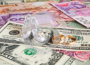 High heels and wedding rings on different currencies. Marriage of convenience