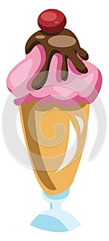 High icecream cup with yellow and pink icecream choclate and cherry on top vector illustration