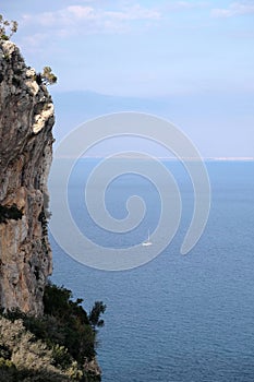 High impregnable cliff with poor mountain vegetation on top and calm sea far and down and Turkish Antalya city on skyline