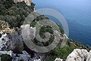 High impregnable plateau with mountain vegetation on top and slopes and calm sea far and down on skyline on sunny day view