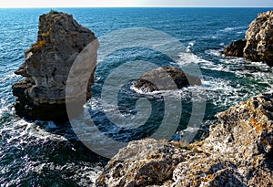 High impregnable rock in the water near the village of Tyulenovo in Bulgaria, Black Sea