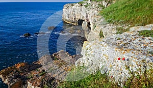 High inaccessible coastal cliffs made of shell rock near the village of Tyulenovo, southern Bulgaria