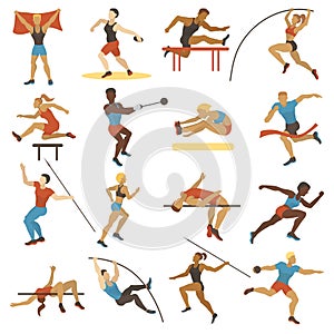 High jump athlete sport people athletics characters silhouette doing different track vector illustration.
