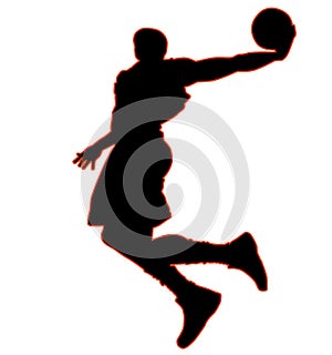 High jumping Basketball player in jump throw, Best Slam Dunk with a ball. Black and orange outline