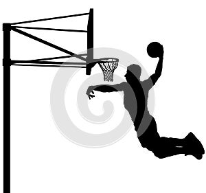 High jumping Basketball player in jump throw, Best Slam Dunk with a ball. Silhouette.