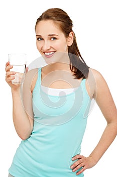 High key Portrait young caucasian woman drinking water isolat