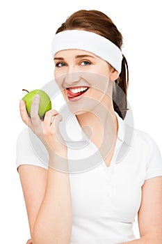 High key Portrait young woman holding green apple isolated on white background