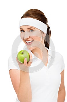 High key Portrait young woman holding green apple isolated on white background