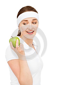 High key Portrait young woman holding green apple isolated on white background