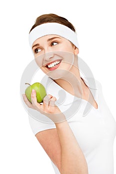 High key Portrait young woman holding green apple isolated on white background