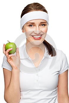 High key Portrait young woman holding green apple isolated on white background