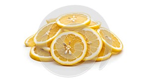 Stack of bright fresh lemon slices on white background