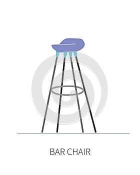 High kitchen bar chair on long metal legs with soft blue seat. Isolated chair on white background front side view.