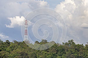 High and large mobile network towers Rain cloud background