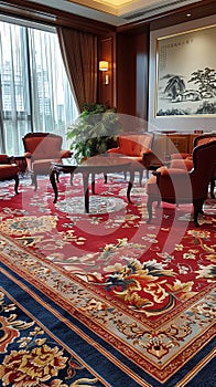 High-level diplomatic meeting, officials discussing international treaties, plush chairs, and stately room setup photo