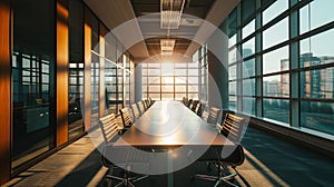 High level meeting of excutive room is decorated with stylish table and chairs around