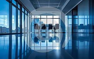 High level meeting of excutive room is decorated with stylish table and chairs around.