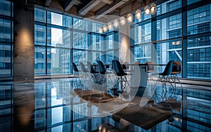 High level meeting of excutive room is decorated with stylish table and chairs around.