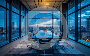 High level meeting of excutive room is decorated with stylish table and chairs around.